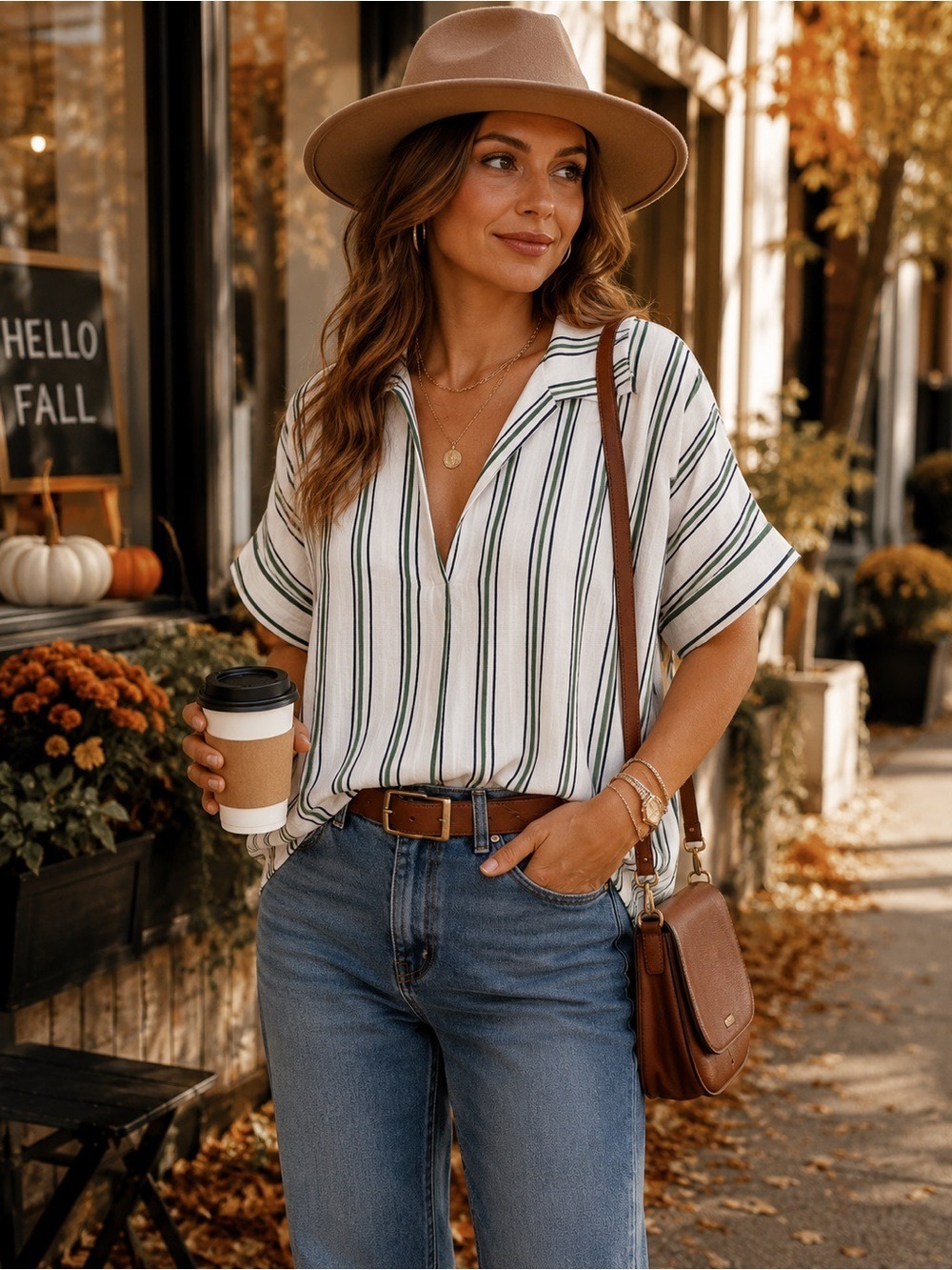 Doe & Rae 100% Cotton Striped Popover Blouse White Green Size Large NWT